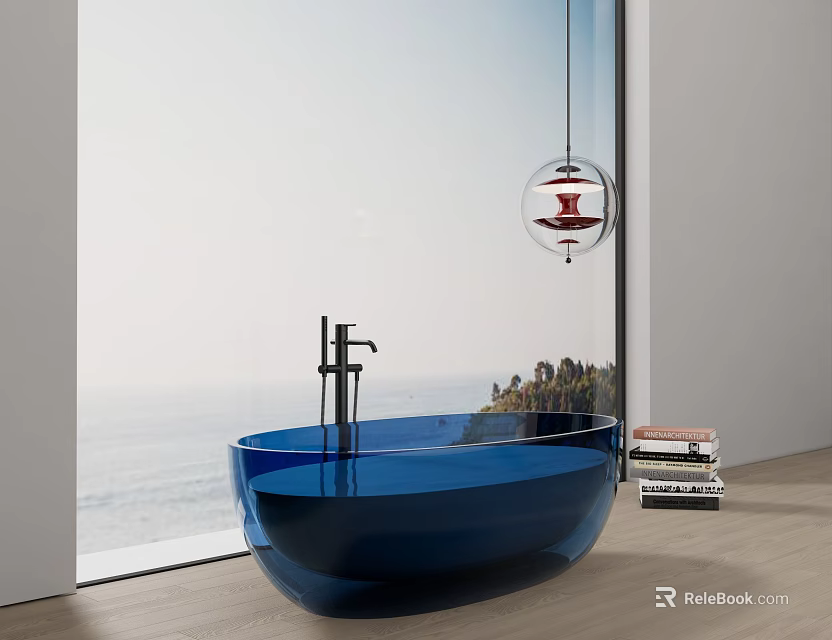 Blue Glass Bathtub in Modern Bathroom with Ocean View Black Faucet and Stack of Books 3d model 