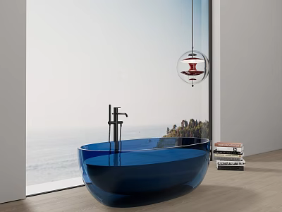 Blue Glass Bathtub in Modern Bathroom with Ocean View Black Faucet and Stack of Books 3d model