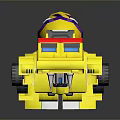 Yellow And Purple Robot Toy Figure With Multiple Wheels And Pink Accents