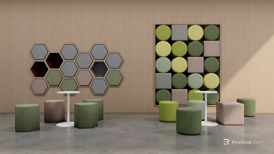 Modern Interior With Colorful Ottoman Stools And Hexagonal Circular Wall Decor 3d model