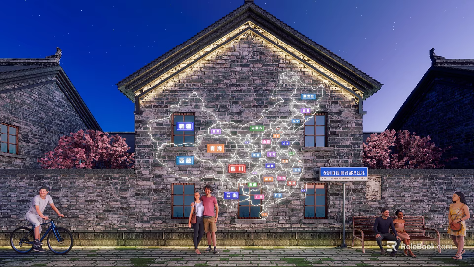 Check in Photo Spot With China Map Projection On Brick Building Cherry Blossom Trees Night 3d model 