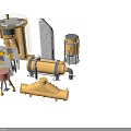 Collection Of Industrial Machinery Equipment Including Towers Tanks Pipes And Mechanical Structures