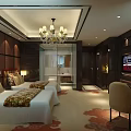 Elegant Hotel Guest Room With Twin Beds Crystal Chandelier Red Curtains City View TV Desk