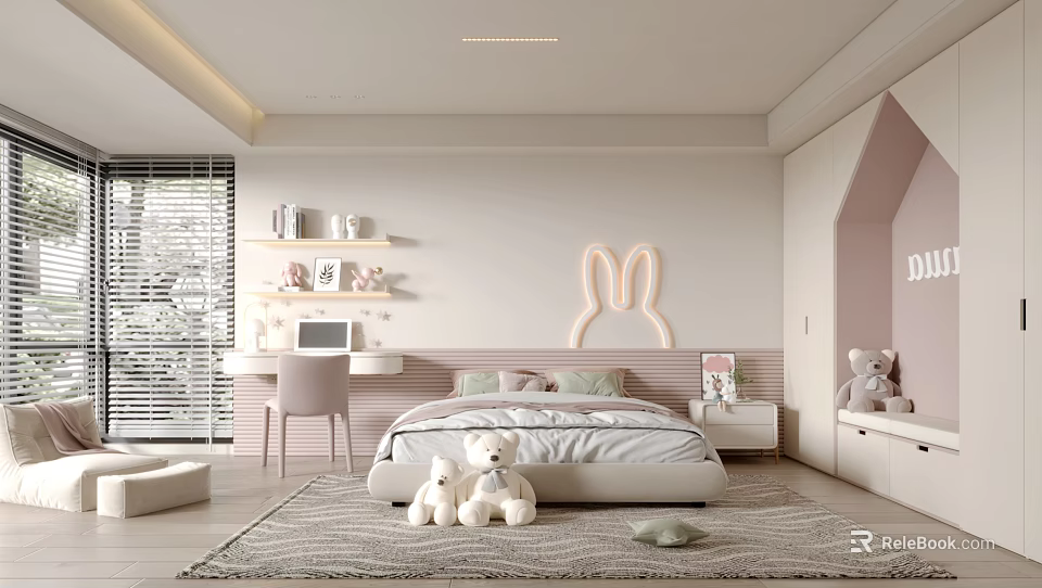 Kids Room Interior With Bunny Shaped Wall Decor Stuffed Toys Bed Desk And Rug 3d model 