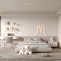 Kids Room Interior With Bunny Shaped Wall Decor Stuffed Toys Bed Desk And Rug