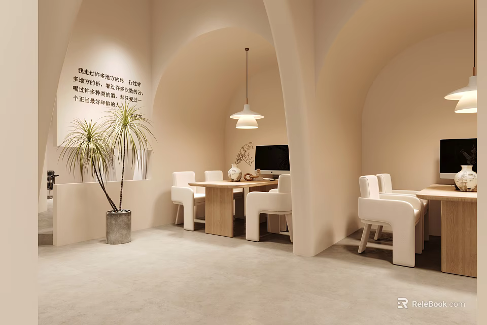 Light Colored Lounge Area Interior With Arched Design Pendant Lights And Wooden Furniture 3d model 