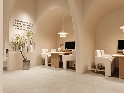 Light Colored Lounge Area Interior With Arched Design Pendant Lights And Wooden Furniture 3d model