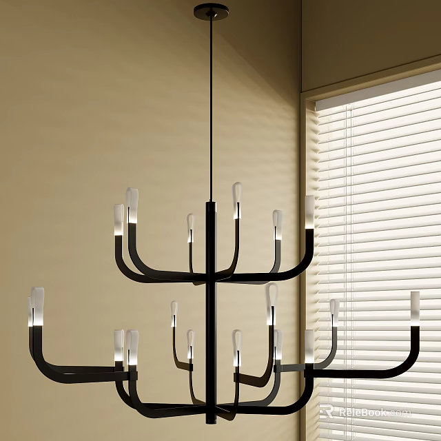 Modern Black Metal Chandelier With Multiple Arms And White Lampshades In Interior With Window Blinds 3d model 