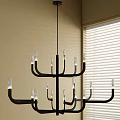 Modern Black Metal Chandelier With Multiple Arms And White Lampshades In Interior With Window Blinds