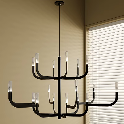 Modern Black Metal Chandelier With Multiple Arms And White Lampshades In Interior With Window Blinds 3d model