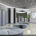 Modern Bank Lobby Interior With Round Blue Sofas Digital Screens And Marble Flooring