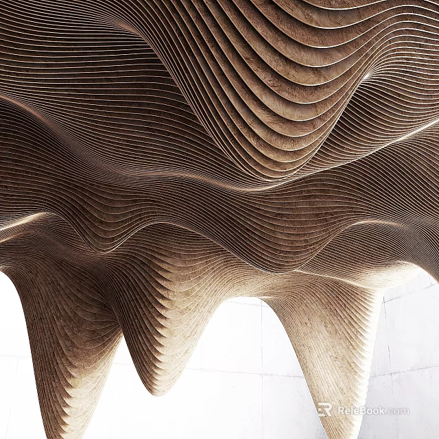 Wavy Layered Ceiling Design with Artistic Curved Structure and Textured Details 3d model 