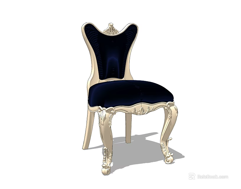 European Style Carved Dining Chair With Dark Blue Velvet Seat And Ornate Legs 3d model 