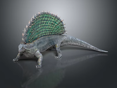 Prehistoric Reptile With Green Spiked Sail Back Gray Body And Shiny Surface 3d model