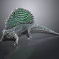 Prehistoric Reptile With Green Spiked Sail Back Gray Body And Shiny Surface
