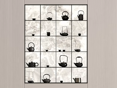 Elegant Tea Sets Display on Grid Shelf Featuring Marble Background and Teapots Cups 3d model