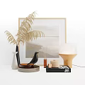Minimalist Modern Decorative Ornament Arrangement With Palm Leaves Vase Bird Figurine Diffuser And Table Lamp