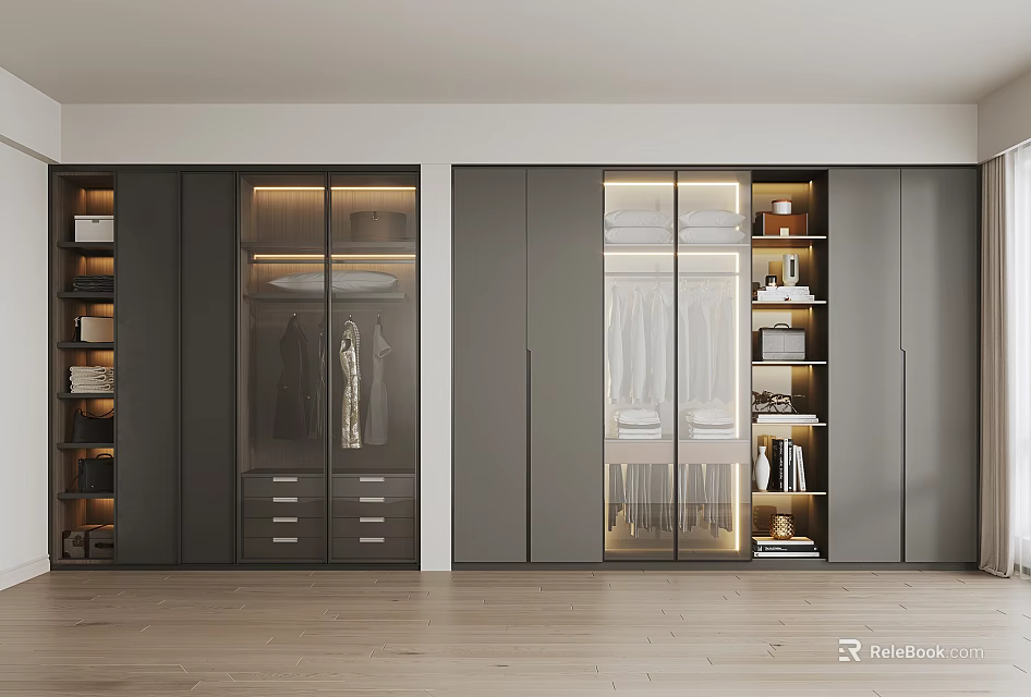 Modern Wardrobe Design With Glass Doors Hanging Rods Drawers And Open Shelves 3d model 