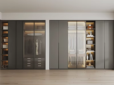 Modern Wardrobe Design With Glass Doors Hanging Rods Drawers And Open Shelves 3d model