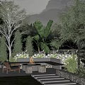 Lush Outdoor Garden With Fire Pit Seating Area And Green Trees Plants