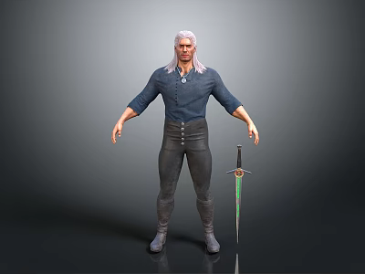 White Haired Warrior Character Wearing Dark Blue Shirt And Black Tight Pants With Sword 3d model