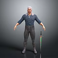 White Haired Warrior Character Wearing Dark Blue Shirt And Black Tight Pants With Sword
