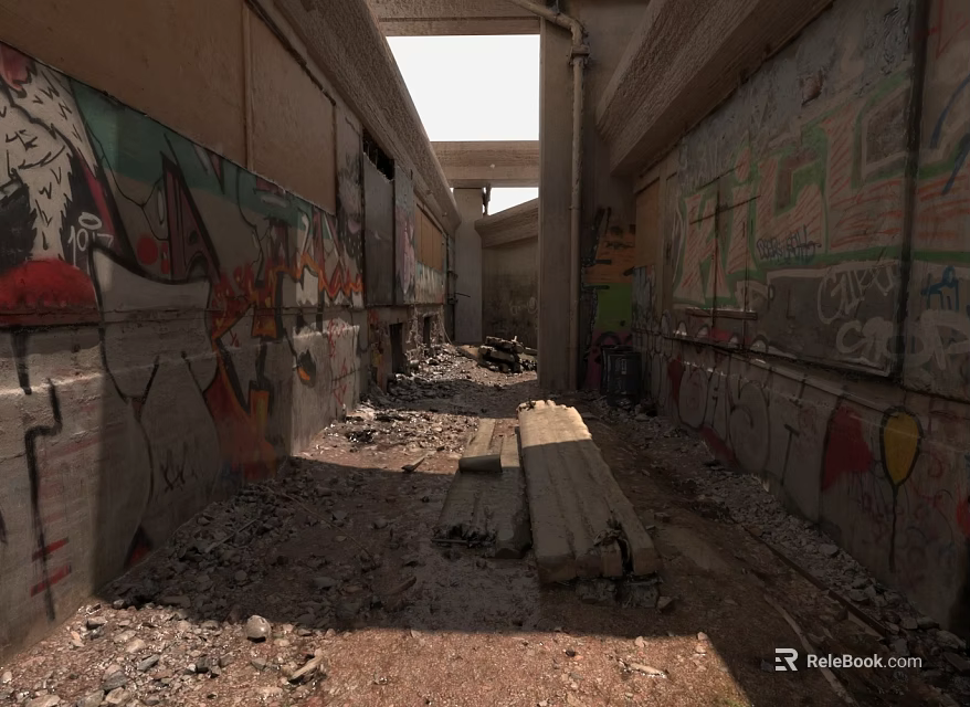 Abandoned Passageway Featuring Graffiti Covered Walls Debris Wooden Planks And Concrete Skylights 3d model 