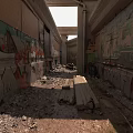 Abandoned Passageway Featuring Graffiti Covered Walls Debris Wooden Planks And Concrete Skylights