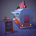 Pink And Blue Candy Food Truck With Sign Various Candies Tables Chairs And Chalkboard Menu