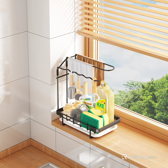 Kitchen Wall Mounted Rack Holding Dish Soap Sponge And Dishcloth By Window 3d model 