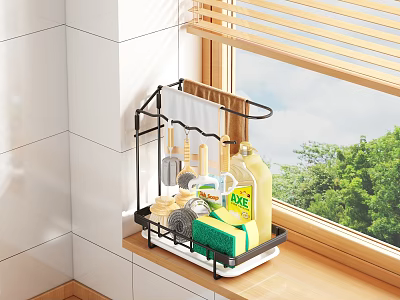 Kitchen Wall Mounted Rack Holding Dish Soap Sponge And Dishcloth By Window 3d model