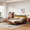 Stylish Double Bed With Green Yellow Wooden Headboard Nightstand Lamp Window And Wall Painting