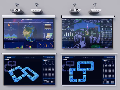 Projection Monitoring System With Multiple Screens Showing Real Time Data Visualization Maps And Charts 3d model