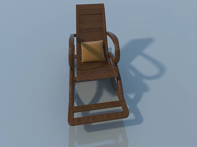 Wooden Rocking Chair With Armrests And Beige Cushion On Reflective Floor 3d model