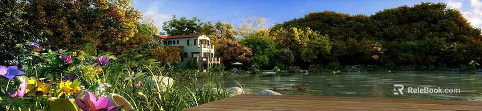 Scenic Lakeside Natural Landscape With Green Trees Red Roof House And Wooden Deck 3d model 