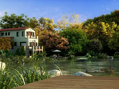 Scenic Lakeside Natural Landscape With Green Trees Red Roof House And Wooden Deck 3d model