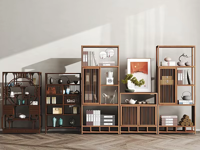 Wooden Entryway And Side Cabinets With Open Shelves For Books And Decor 3d model