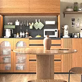 Wooden Sideboard in Modern Kitchen with Storage Cabinets Microwave Coffee Maker Dishes and Glasses