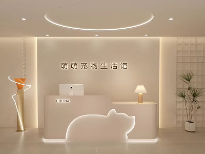 Modern Pet Store Front Desk with White Pig Shape Design Lamp and Plant Decor 3d model