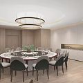Private Dining Room With Round Dining Table Chandelier And City View Windows 3d model