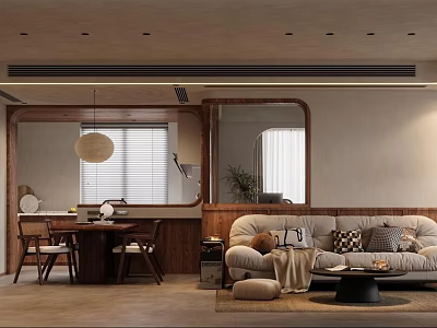 Modern Living and Dining Room Interior With Sofa Dining Table Pendant Light And Potted Plant 3d model