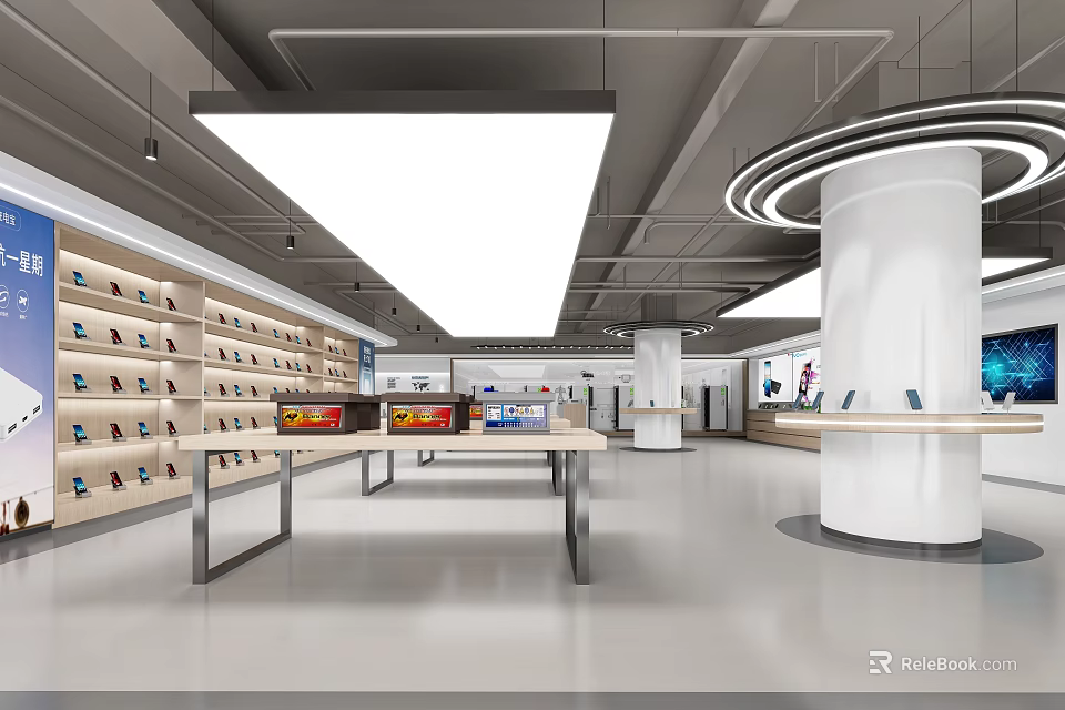 Bright Modern Electronics Store Interior With Shelves Mobile Phones Central Display Tables And White Pillars 3d model 