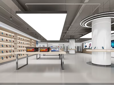 Bright Modern Electronics Store Interior With Shelves Mobile Phones Central Display Tables And White Pillars 3d model