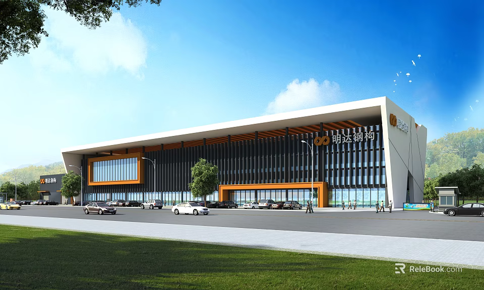 Modern Industrial Factory Building Exterior Design With Glass Curtain Wall Steel Structure And Green Lawn 3d model 