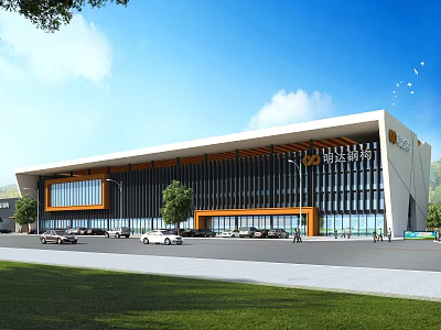 Modern Industrial Factory Building Exterior Design With Glass Curtain Wall Steel Structure And Green Lawn 3d model