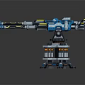 Twin Barrel Mechanical Weapon Design with Blue Black Yellow Accents Orange Base and Reflective Finish