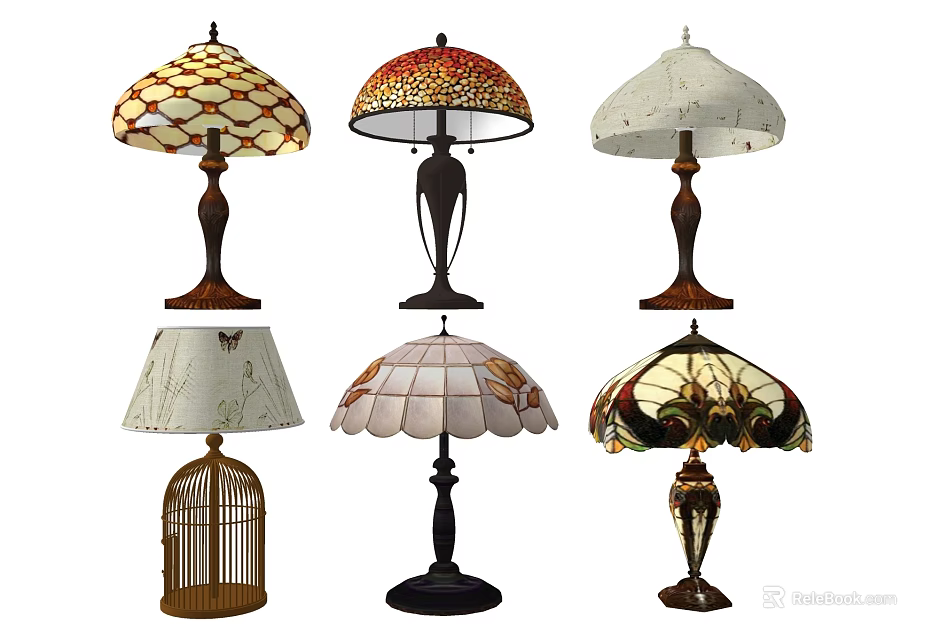 Various Decorative Table Lamps With Unique Bases And Patterned Shades 3d model 