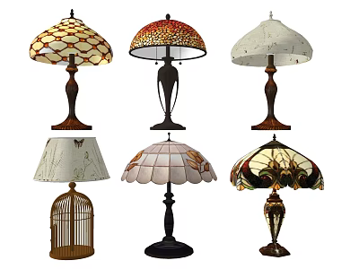 Various Decorative Table Lamps With Unique Bases And Patterned Shades 3d model