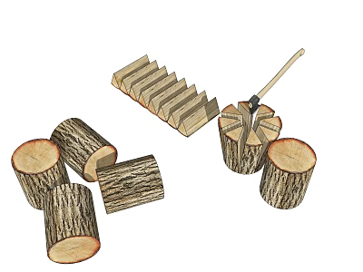 Natural Wood Logs With Split Slices Axe And Stacked Stone Wood Materials 3d model