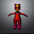 Cartoon Cat In Red And Pink Costume With Cat Ears Glowing Eyes And Yellow Accents